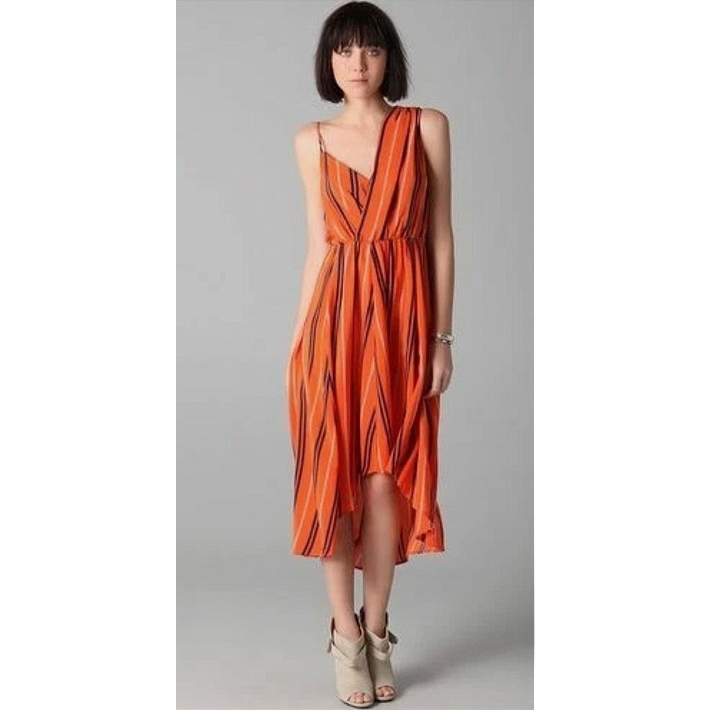Rebecca‎ Minkoff Delhia Midi Dress Orange 100% Silk Size 10 Wedding Party EUC